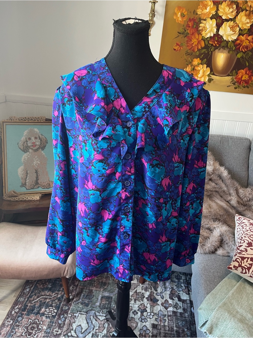 Women's Blue Floral Ruffle-Front Blouse 1X